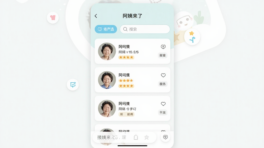 画面中心为“阿姨来了”软件界面,展示阿姨列表卡片,每张卡片有头像、姓名、评分和服务标签,布局为纵向列表,风格为清新浅色UI,细节有筛选按钮和搜索框,画质清晰,干净,无多余元素