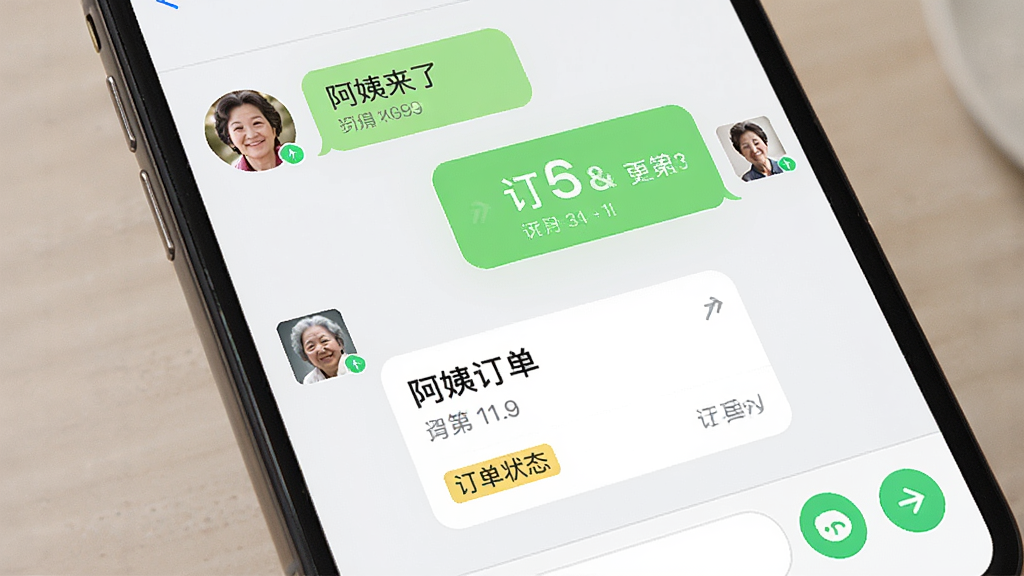 主体为手机聊天界面,显示“阿姨来了”用户与阿姨的对话气泡,布局为聊天窗口,排版有订单卡片,风格为现代社交软件风格,细节包括发送按钮和订单状态标签,画质高清,干净,无多余元素