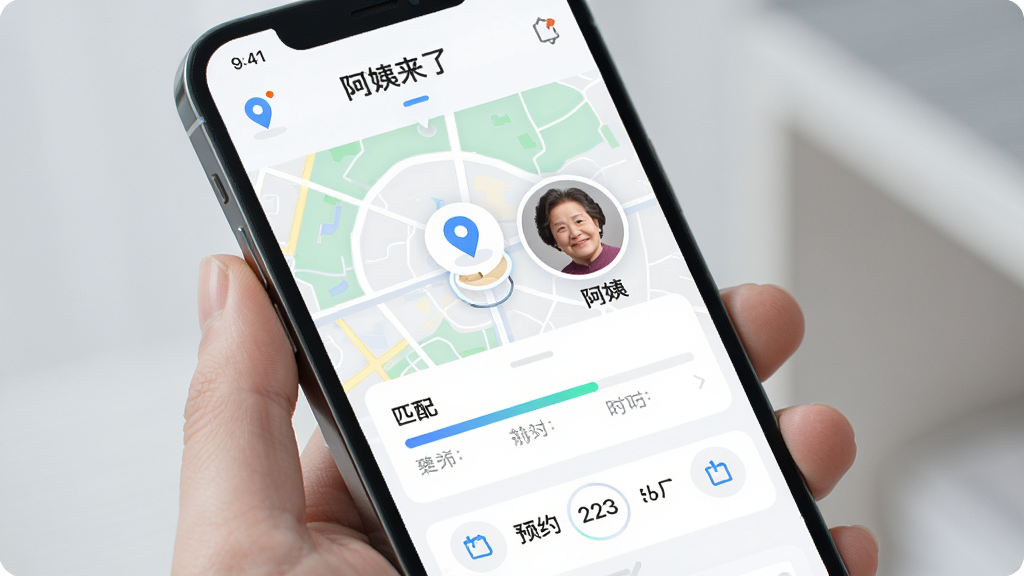 主体为手机屏幕展示“阿姨来了”智能匹配界面,布局为地图与阿姨头像结合,排版有匹配进度条,风格为科技感简约风,细节包括定位图标、预约时间选择器,画质高清,干净,无多余元素