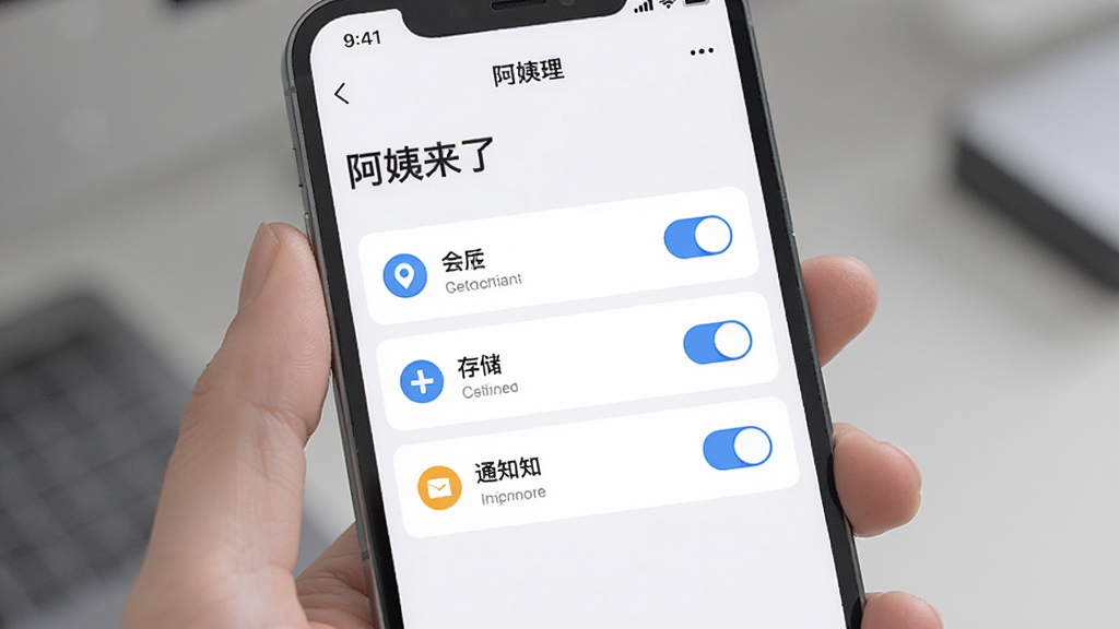 主体为手机屏幕显示“阿姨来了”设置页面,布局为权限管理列表,排版有开关按钮,风格为极简商务风,细节包括定位、存储、通知权限图标,画质高清,干净,无多余元素