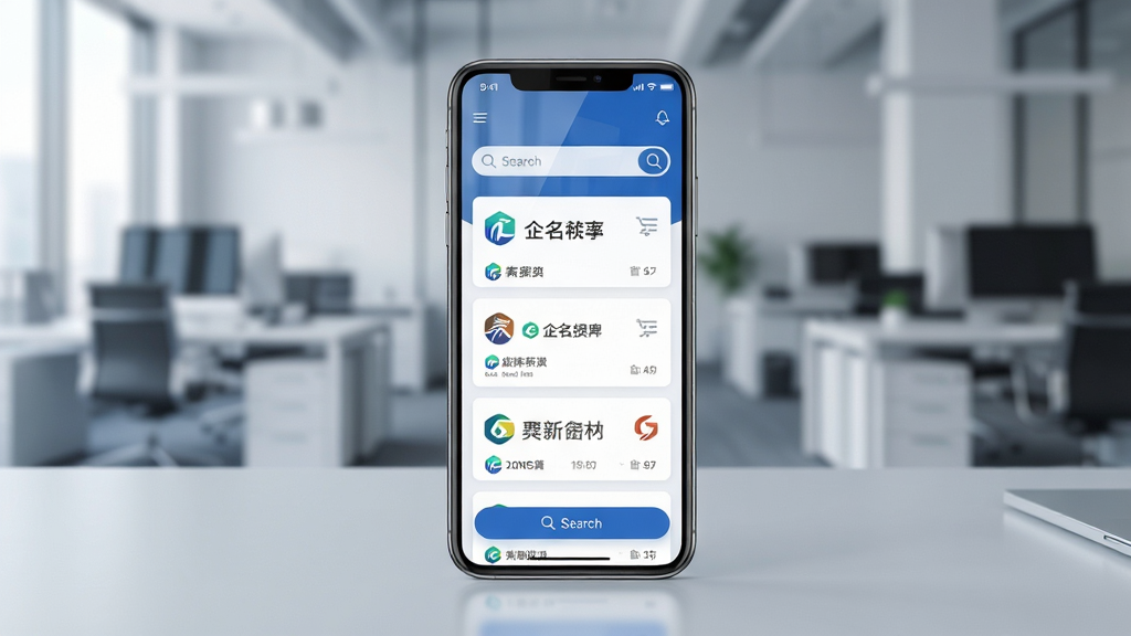 主体为一部智能手机,屏幕上显示企名片搜索应用界面,界面中包含多家企业卡片列表与搜索框;布局为手机居中放置于浅灰色桌面,背景为虚化的现代办公室环境;排版简洁,手机屏幕内容清晰可见;风格为现代商务科技风,色调以蓝白为主;细节包括屏幕反光、界面图标、企业logo缩略图、搜索按钮;画质高清,干净,无多余元素