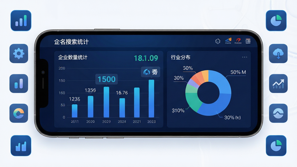 主体为企名片搜索应用的数据看板界面,屏幕上显示企业数量统计图表与行业分布饼图;布局为手机横屏展示,周围环绕数据图标;排版整齐,图表清晰;风格为科技数据风,蓝色调为主;细节包括数字跳动效果、图表标注、企业logo;画质高清,干净,无多余元素