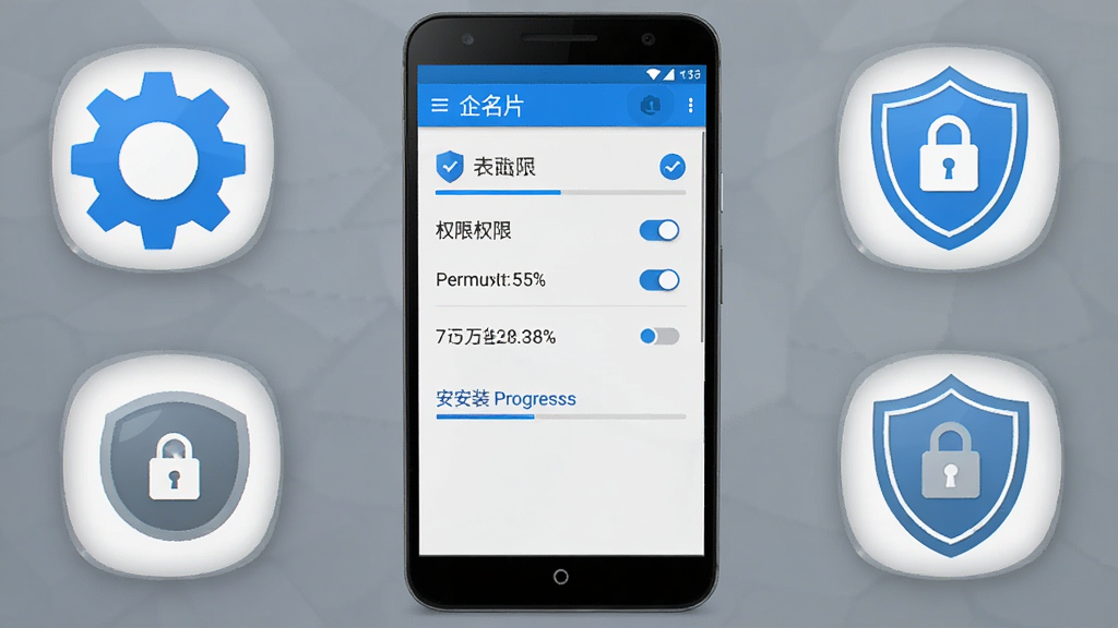 主体为一部安卓手机,屏幕上显示企名片搜索的权限设置界面与安装进度条;布局为手机居中,周围有齿轮与盾牌图标;排版简洁,重点突出;风格为科技安全风,蓝色与灰色搭配;细节包括权限开关、进度百分比、安全锁图标;画质高清,干净,无多余元素