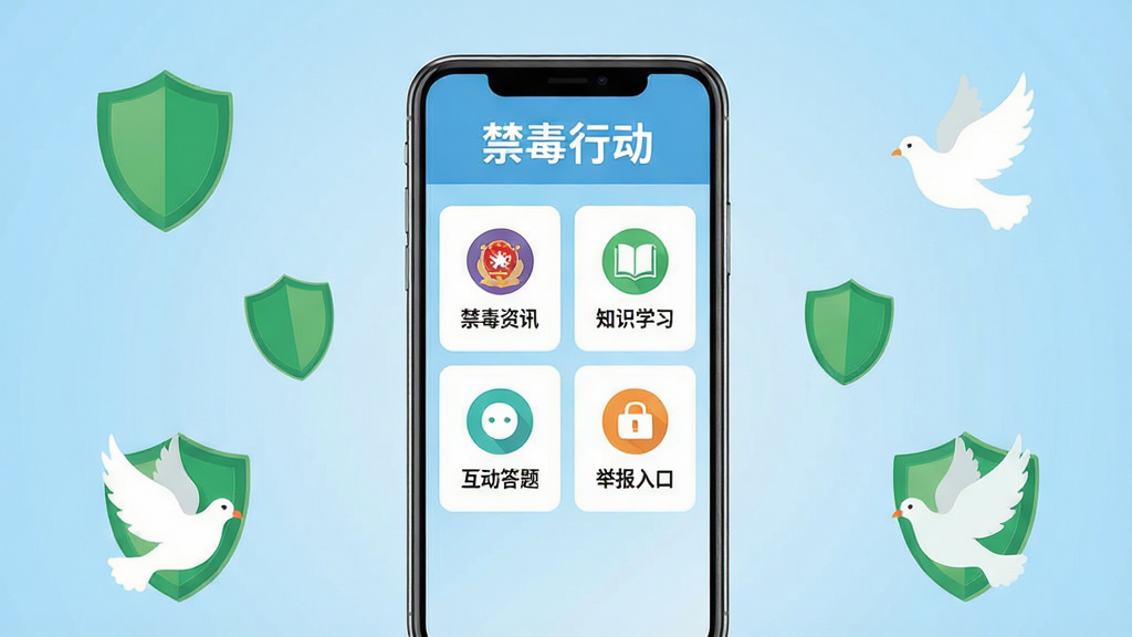 禁毒行动软件主界面全貌展示,画面中央为手机屏幕,屏幕内呈现禁毒行动APP首页,顶部有