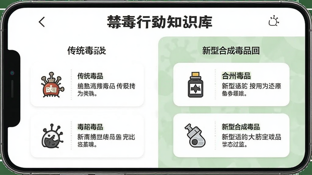 禁毒行动知识库页面展示,手机屏幕内呈现毒品分类列表,左侧为传统毒品图标,右侧为新型合成毒品图标,每种毒品配有简要说明卡片,背景为白色与浅绿色搭配,界面干净整洁,风格为扁平化信息图,画质清晰,无多余装饰元素