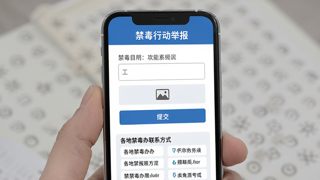 禁毒行动举报与求助功能界面,手机屏幕显示举报表单页面,包含文字输入框、图片上传按钮与提交按钮,下方有各地禁毒办联系方式列表,背景为白色与蓝色搭配,风格简洁实用,扁平化设计,画质高清,干净无多余元素