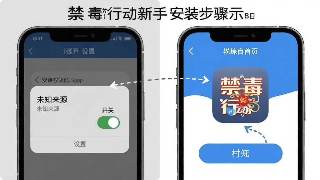 禁毒行动新手安装步骤示意图,手机屏幕显示安装权限设置界面与软件首页对比,左侧为设置中的未知来源开关,右侧为禁毒行动APP图标与打开按钮,背景为浅灰色与白色,风格为教程图解,画质清晰,干净整洁