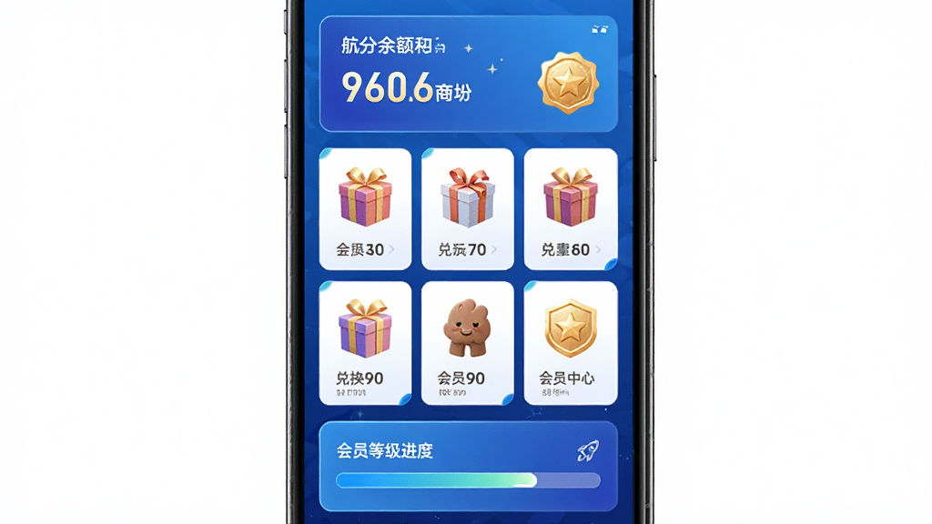 航天优生活积分商城与会员中心界面展示,主体为手机屏幕画面,布局上方为积分余额展示区,中部为可兑换商品网格,下方为会员等级进度条,排版清晰对称,风格为科技蓝渐变配色,细节包含积分数字、礼品图标与等级徽章,画质高清、干净、无多余元素