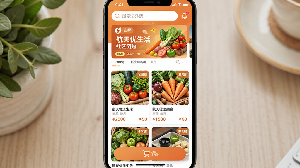 航天优生活社区团购商城页面展示,主体为手机应用截图,布局顶部为搜索栏与轮播活动banner,中部为商品瀑布流卡片,底部为购物车悬浮按钮,排版活泼紧凑,风格为暖色调电商风,细节包含生鲜果蔬商品图与价格标签,画质高清、干净、无多余元素