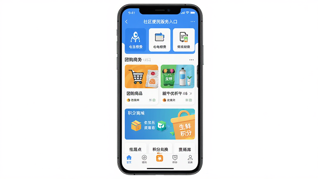 航天优生活软件主界面全貌展示,主体为一部智能手机竖屏画面,布局中央放置应用首页截图,顶部显示社区便民服务入口,中部为团购商品卡片与积分商城横幅,底部为导航栏,排版整齐清晰,风格为现代简约扁平化设计,细节包含水电缴费图标、生鲜配送图标、积分兑换图标,画质高清、干净、无多余元素