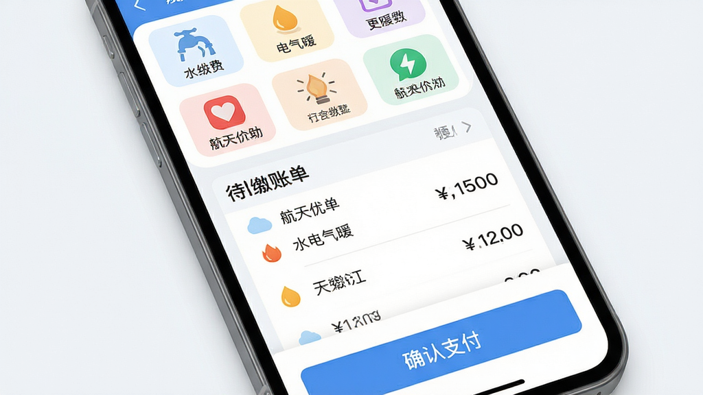 航天优生活便民缴费功能界面展示,主体为手机屏幕特写,布局上方为缴费分类图标矩阵,中部为待缴账单列表,下方为确认支付按钮,排版简洁有序,风格为清爽浅色系UI设计,细节包含水电气暖等图标与金额数字,画质清晰、干净、无多余元素