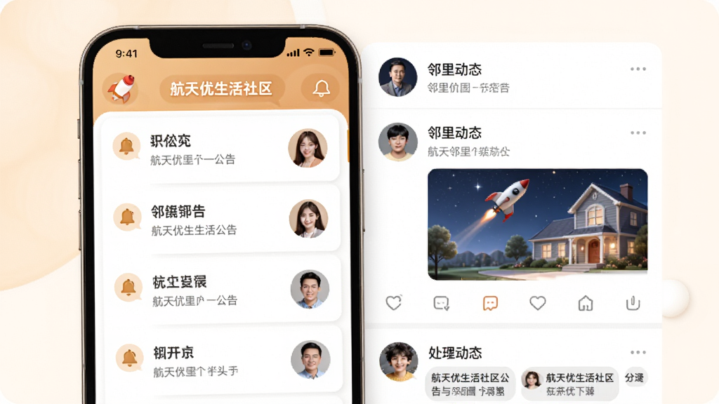 航天优生活社区公告与邻里圈功能展示,主体为手机应用界面,布局左侧为公告列表,右侧为邻里动态信息流,排版分栏清晰,风格为温馨社区风格,细节包含通知铃铛图标与用户头像气泡,画质清晰、干净、无多余元素