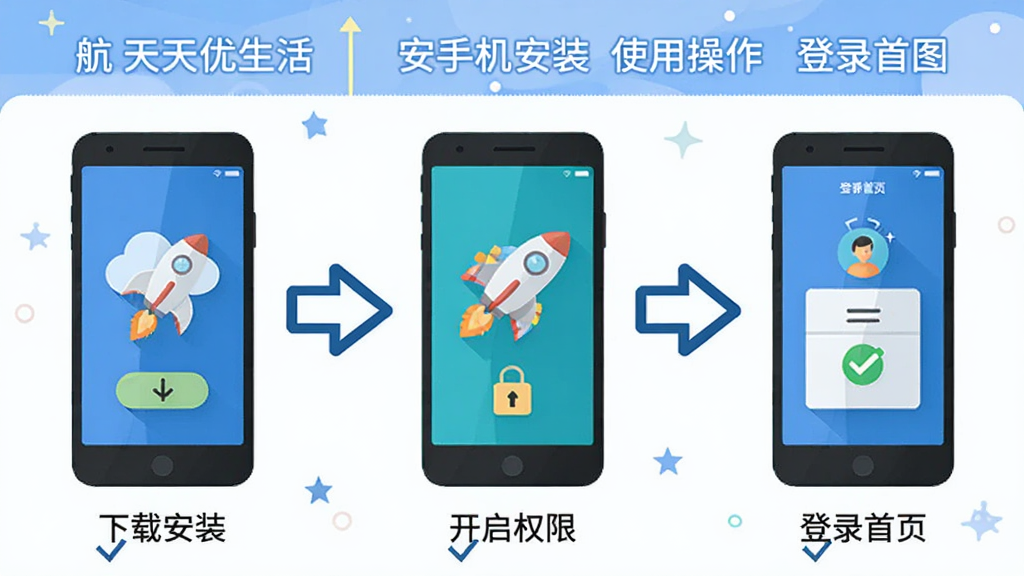 航天优生活安卓手机安装使用操作流程图,主体为三步操作示意,布局从左到右依次为下载安装包、开启权限、登录首页,排版横向排列,风格为扁平化教程图示,细节包含手机图标、箭头指引与勾选标记,画质清晰、干净、无多余元素