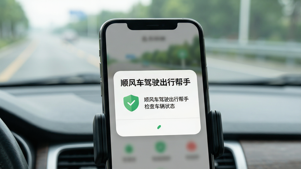一张展示顺风车驾驶出行帮手安全提醒弹窗的图,画面中央为手机屏幕,屏幕内显示一个简洁的提醒卡片,上面有“顺风车驾驶出行帮手”文字和检查车辆状态的图标。手机固定在汽车手机支架上,背景为虚化的前挡风玻璃与道路。风格柔和圆角,细节上图标为绿色盾牌造型,文字清晰易读。画质干净,无多余元素。