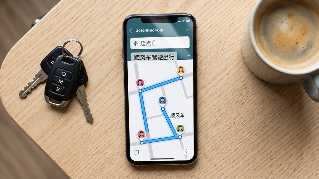 一张展示顺风车驾驶出行帮手行程匹配功能的界面图,画面中央为手机屏幕,屏幕内显示起点终点输入框与一条高亮路线,路线两侧分布若干顺路乘客标记点。手机放置在浅色木纹桌面上,旁边有一串车钥匙和一杯咖啡。布局为俯视角度,风格清新写实,细节上屏幕有轻微高光,路线以蓝色线条呈现。画质清晰,干净,无多余元素。