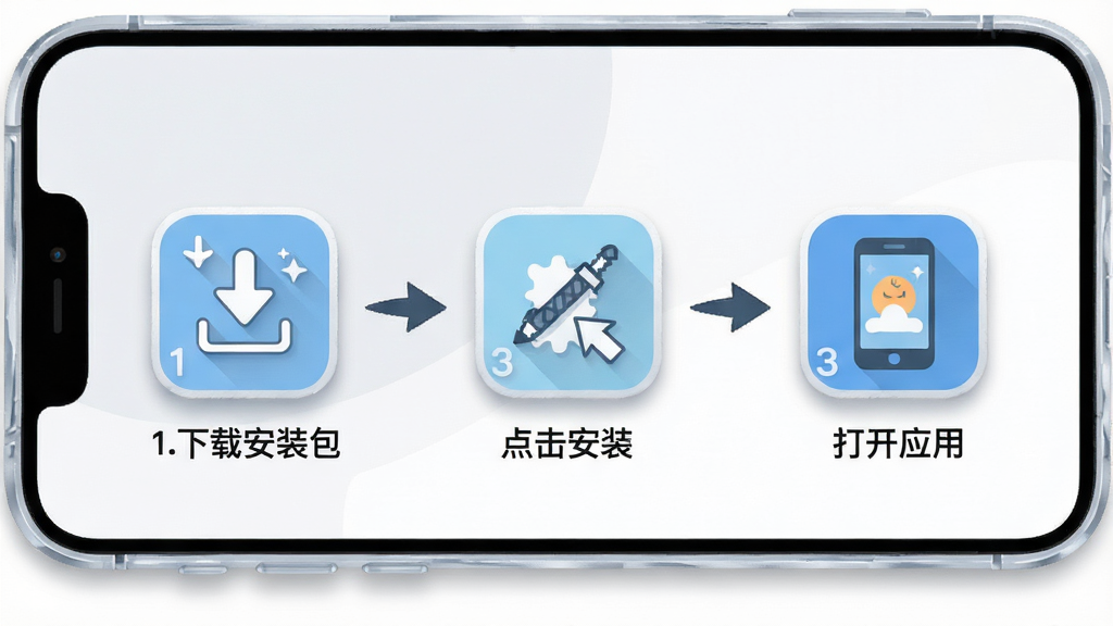 宝宝英语启蒙安装步骤示意图,画面展示一部智能手机,屏幕上依次排列三个安装步骤图标:下载安装包、点击安装、打开应用,每个步骤配有简洁的箭头引导和文字标注,背景为浅灰色与白色搭配,布局为横向流程图排列,风格为简约科技插画风,细节包含圆润的手机轮廓、清晰的步骤编号和柔和的阴影效果,画质高清,干净,无多余元素