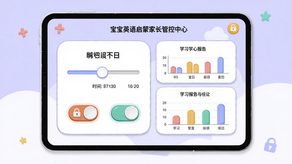 宝宝英语启蒙家长管控中心界面预览图,画面展示一个卡通风格的设置页面,屏幕上有时间滑块、开关按钮和学习报告图表,背景为淡紫色与白色搭配的柔和色调,布局为卡片式分区排列,风格为简约儿童教育类插画风,细节包含圆润的开关控件、彩色图表和锁形图标,画质高清,干净,无多余元素