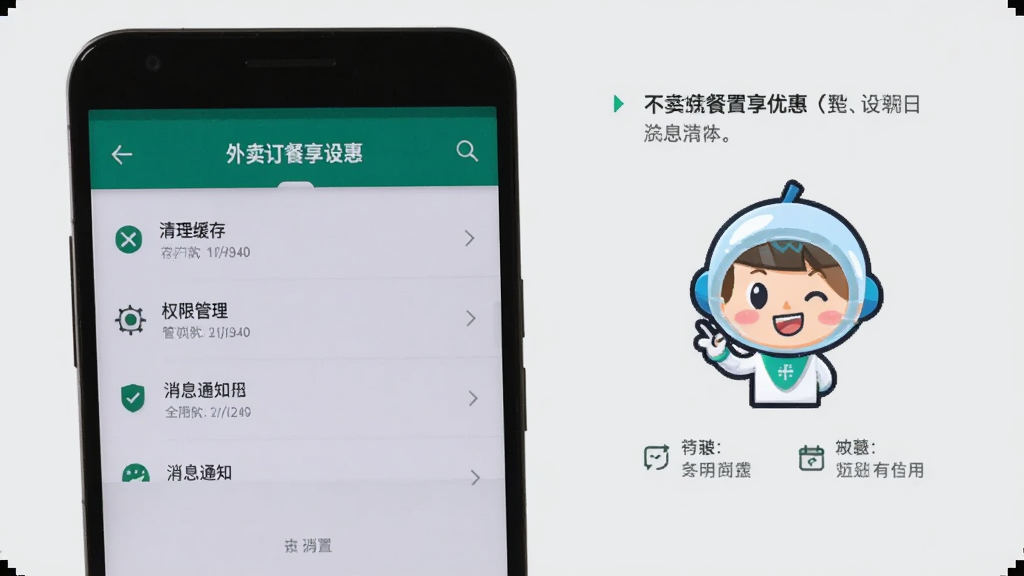 一部安卓手机屏幕展示外卖订餐享优惠的应用设置页面,画面中有清理缓存、权限管理、消息通知等选项列表,旁边配有一个卡通风格的小助手图标提示操作步骤,背景为浅灰色,风格为简洁实用的工具类UI设计,文字清晰,画质干净
