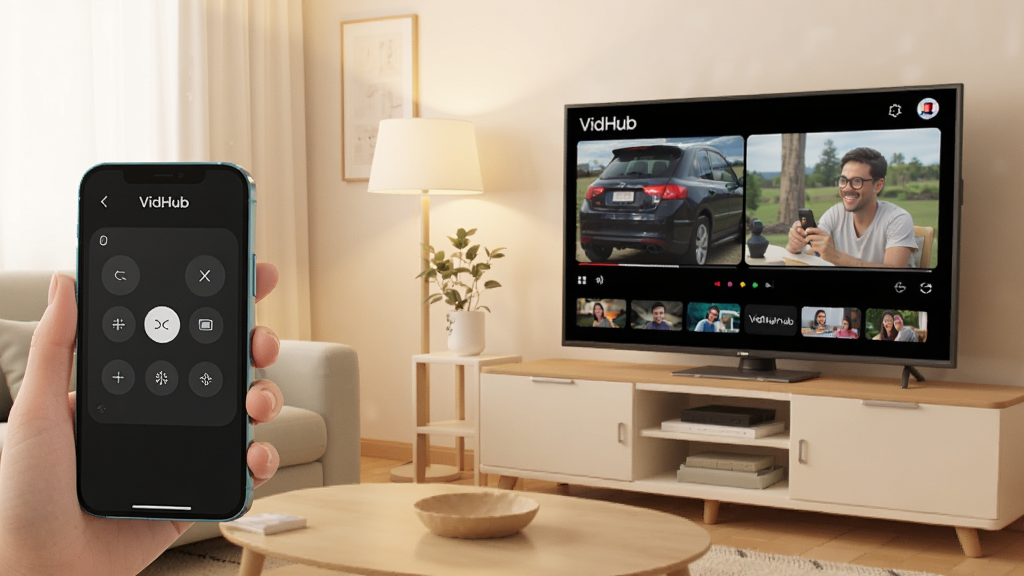һ��չʾVidHubͶ�����ܵ�ʾ��ͼ��������һ���ֻ�������������ӷ�����Ƶ�źţ�������Ļ����ʾVidHub���Ž��棬�ֻ���Ļ��ʾң�������棬�����ܰ�Ӽң������������޶���Ԫ��