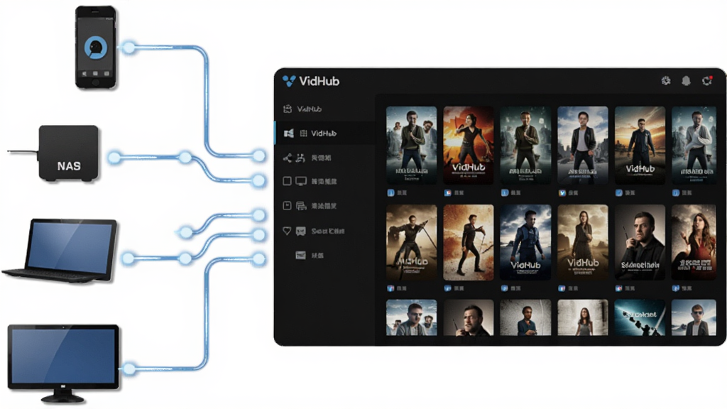 һ��չʾVidHub��Դ��Ƶ�ۺϹ��ܵ�ʾ��ͼ������������ֻ���NAS�����Ե��豸ͼ�꣬ͨ���������ӵ������VidHub���棬��������ʾ�����Ƶ����ǽ�����Ƽ���ʮ�㣬�����������޶���Ԫ��