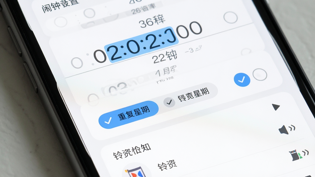 一张智能闹钟时钟应用的智能闹钟设置界面截图风格图片,画面主体为手机屏幕特写,屏幕上展示闹钟时间设置滚轮、重复星期选择按钮和铃声选择列表,布局为垂直排列的卡片式设计,风格为清新简约风,细节上时间数字为蓝色高亮,重复按钮为圆形勾选样式,铃声列表带有播放小图标,画质高清,干净,无多余元素