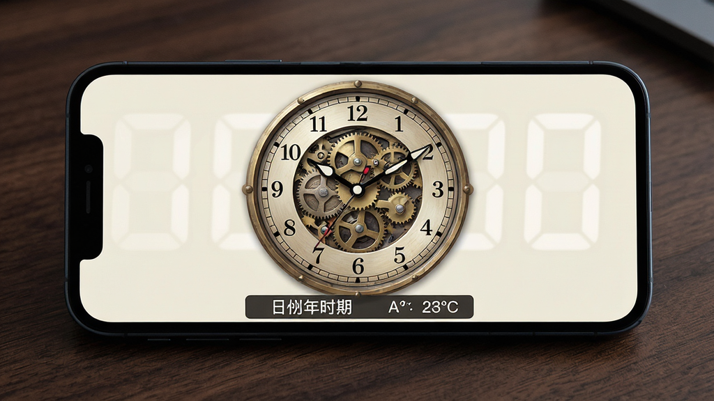 一张智能闹钟时钟应用的多功能时钟显示界面图片,画面主体为手机横屏放置在桌面上,屏幕显示模拟表盘样式的时钟界面,布局为居中圆形表盘加下方日期和温度信息,风格为复古机械风,细节上表盘有精细的刻度和指针,背景为深色木纹桌面,画质高清,干净,无多余元素