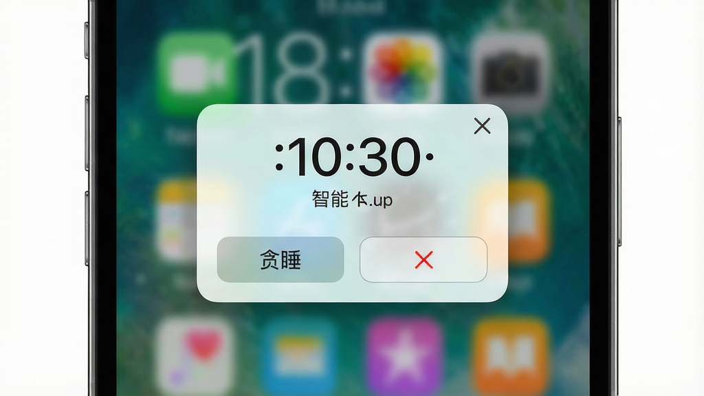 一张智能闹钟时钟应用在手机锁屏界面弹出闹钟响铃提醒的图片,画面主体为手机锁屏状态,屏幕中央显示闹钟响铃弹窗包含时间、贪睡按钮和关闭按钮,布局为居中弹窗,风格为清晰明亮的现代UI风,细节上弹窗有轻微阴影效果,背景为手机锁屏壁纸虚化,画质高清,干净,无多余元素