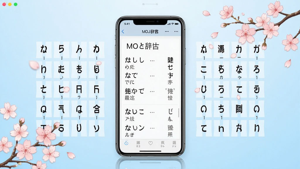 MOJi辞软件主界面展示,画面中央放置一部智能手机,手机屏幕上显示日语词典查询页面,页面中有日语单词和中文释义的对照排版,周围环绕着日语五十音图元素和樱花装饰,背景为浅蓝色渐变,整体风格清新简约,细节清晰,画质干净,无多余元素