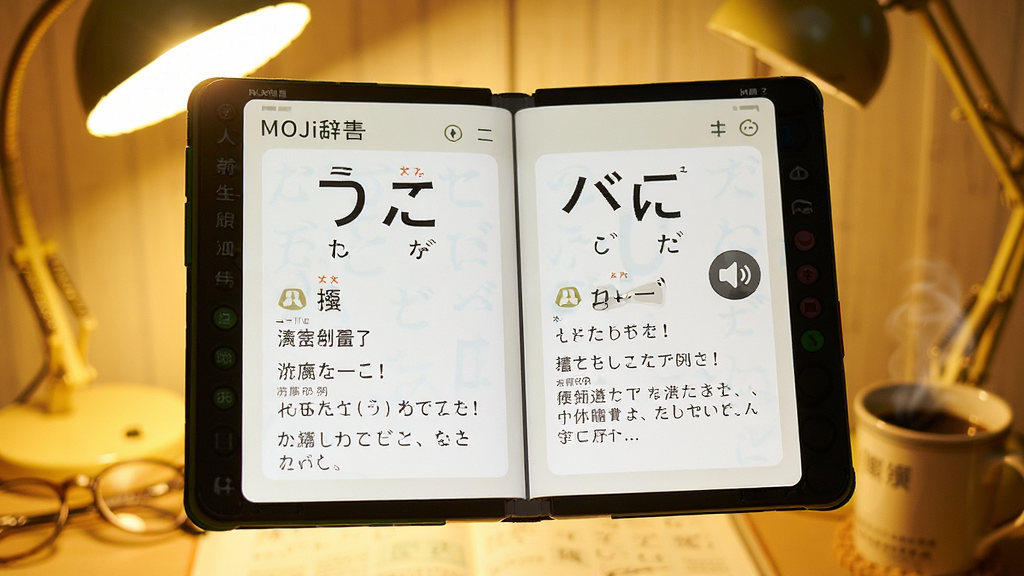 MOJi辞词条详情页面展示,画面中一本打开的电子词典悬浮在空中,词典页面上显示日语单词及其假名、声调、中文释义和例句,旁边有发音喇叭图标,背景为淡黄色暖光,风格温馨学习氛围,细节丰富,画质清晰,无多余元素