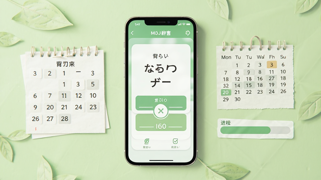 MOJi辞背单词功能界面展示,画面中一部手机显示背单词卡片界面,卡片上有日语单词和选项按钮,手机旁边有打卡日历和进度条元素,背景为浅绿色,风格清新自然,细节清晰,画质干净,无多余元素