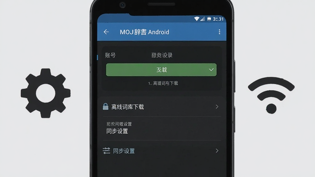 MOJi辞安卓版设置界面展示,画面中一部手机显示软件设置页面,页面上有账号登录、离线词库下载、同步设置等选项,手机旁边有齿轮图标和WiFi信号图标,背景为浅灰色,风格简洁实用,细节清晰,画质干净,无多余元素