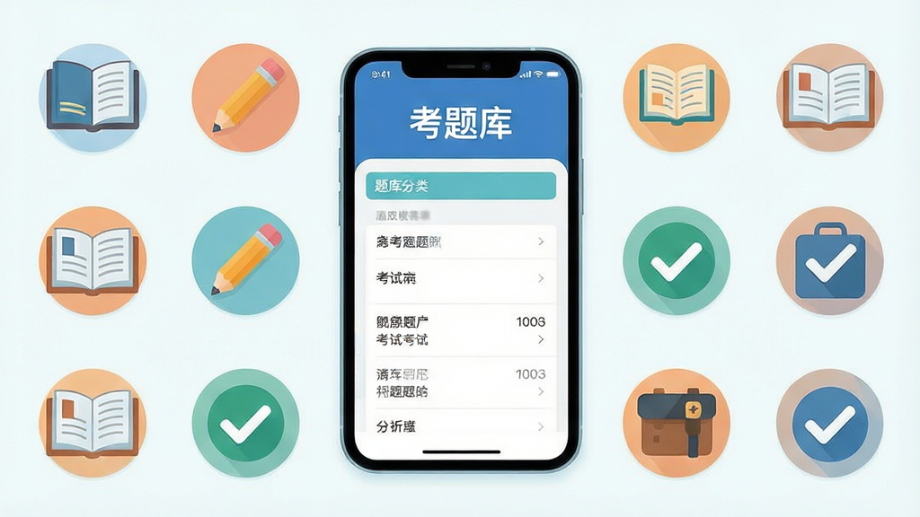 一张考题库应用内页截图风格插画,画面主体为手机屏幕显示考题库题库分类页面,屏幕上方显示考题库字样,周围环绕各类考试科目图标,布局为中央手机加四周图标环绕,排版对称,风格为清新扁平插画风,细节包含书籍、铅笔、对勾等学习元素,画质高清,干净,无多余元素