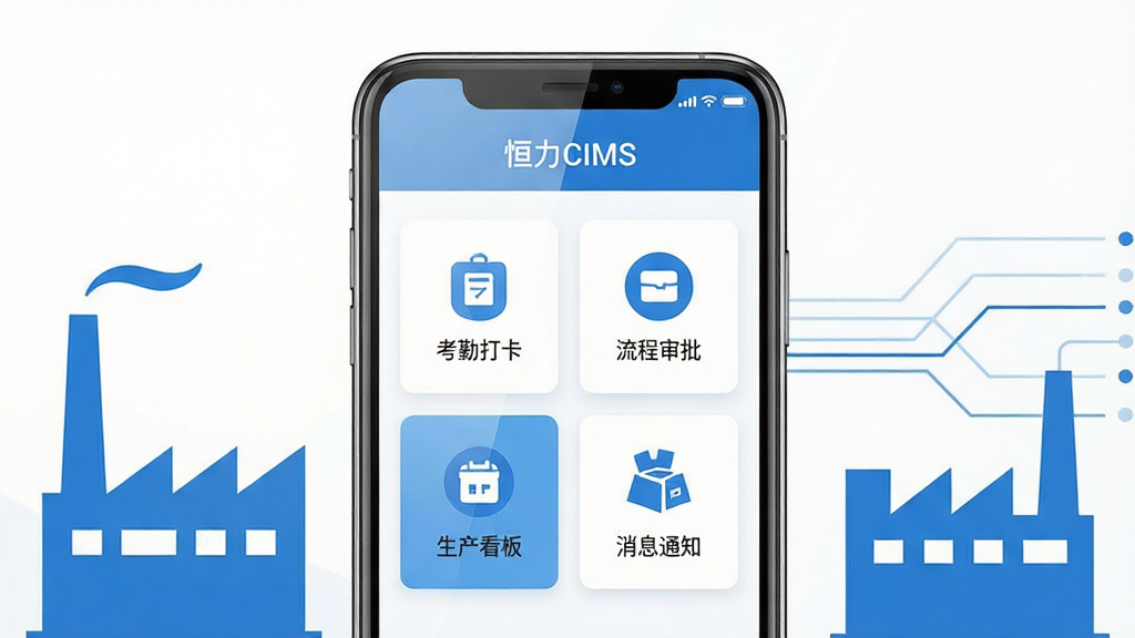恒力CIMS软件主界面展示,画面中央放置一部智能手机,屏幕显示恒力CIMS应用首页,包含考勤打卡、流程审批、生产看板、消息通知四个功能模块图标;布局采用居中构图,手机两侧点缀简约的工厂剪影与数据线条;排版干净整洁,留白充足;风格为现代扁平化科技风;细节上手机屏幕带有轻微高光反射,图标色彩以蓝白为主;画质清晰,干净,无多余元素