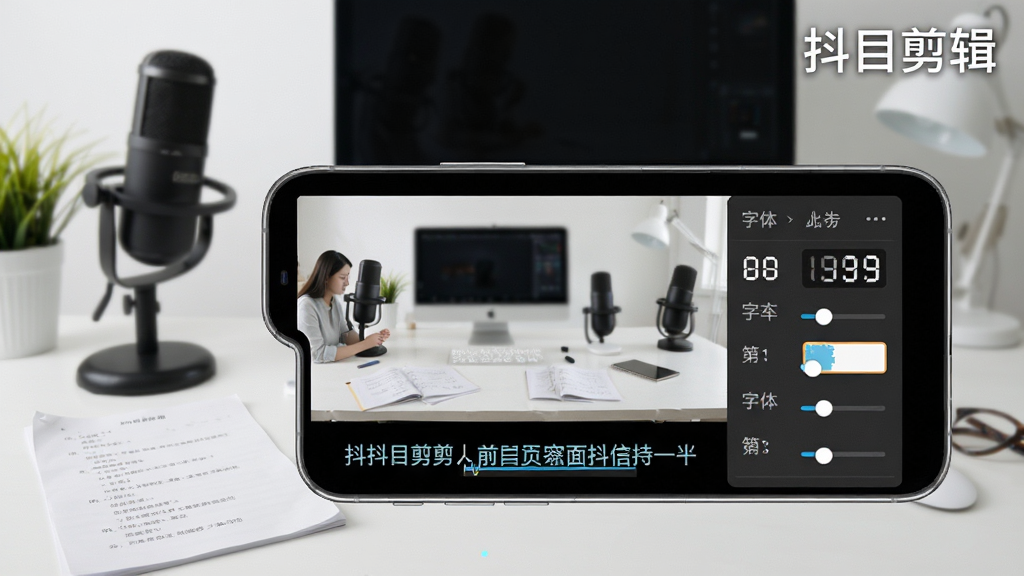 一部手机屏幕显示抖目剪辑的智能字幕功能界面,视频画面下方自动生成了一排中文字幕,旁边有字体样式调节面板,背景为明亮的创作工作室,桌面上有麦克风和脚本纸,风格为清新简约风,细节清晰,画质高清,画面中文字标注