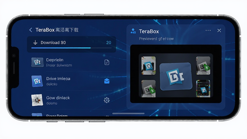 手机屏幕展示TeraBox离线下载任务列表与在线预览窗口,界面中有下载进度条和文件缩略图,背景为深蓝色,风格科技感,画质干净,无多余元素