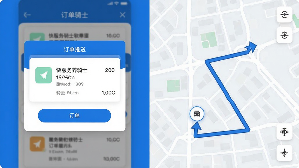 快服务骑士软件功能展示图,画面左侧为订单推送弹窗界面,右侧为地图导航路线示意图,整体采用蓝白配色,风格简洁商务,细节展示订单信息卡片与路线箭头,画质清晰干净,无多余元素