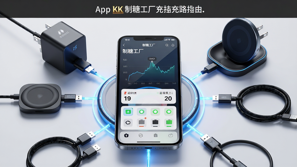 画面中央展示一部智能手机,屏幕上显示着“制糖工厂”App的充电监控界面,界面中有实时功率曲线、温度数值和多个充电端口状态图标。手机周围环绕着氮化镓充电器、磁吸无线充电座和数据线等硬件产品,以科技感蓝色光效连接。布局采用中心放射式构图,手机位于正中央,硬件产品呈环形排列。排版简洁清晰,顶部预留文字区域。风格为现代科技数码风,细节强调屏幕UI的玻璃质感和金属边框的高光。画质4K超清,画面干净,无多余元素。