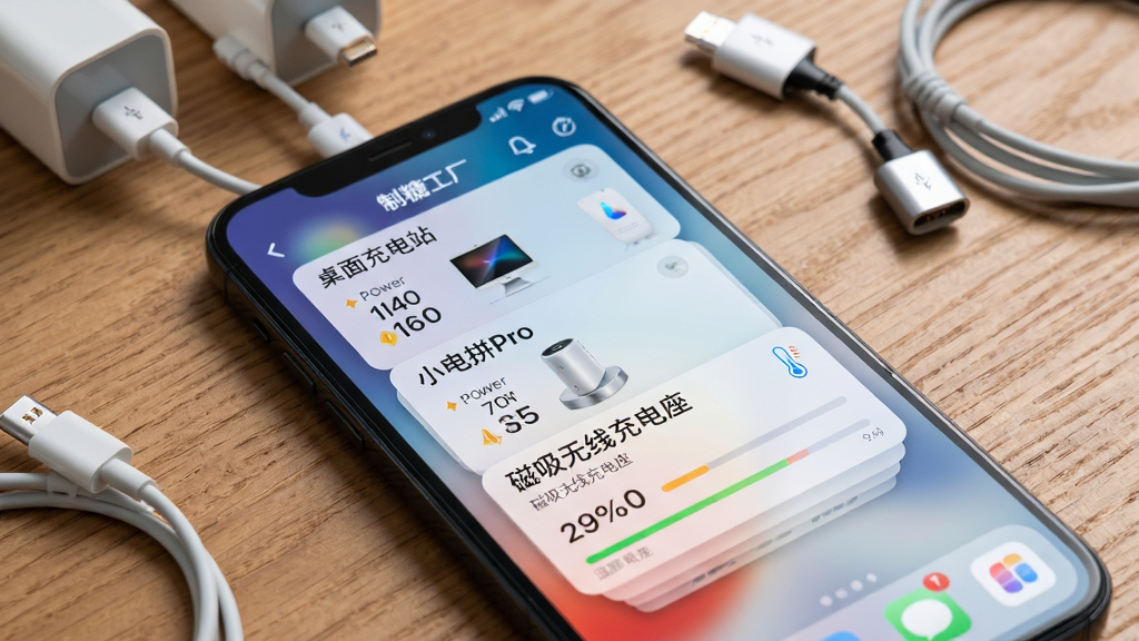 一部智能手机屏幕展示“制糖工厂”App的多设备管理卡片界面,画面中有三个设备卡片分别标注“桌面充电站”“小电拼Pro”“磁吸无线充电座”,卡片上显示功率数字和温度条。手机放置在木质桌面上,旁边散落着充电器和线缆。布局为手机正面特写,屏幕内容占据画面主体。排版突出卡片之间的层次感。风格为清新数码生活风,细节强调屏幕色彩还原和桌面质感。画质高清,画面干净,无多余元素。