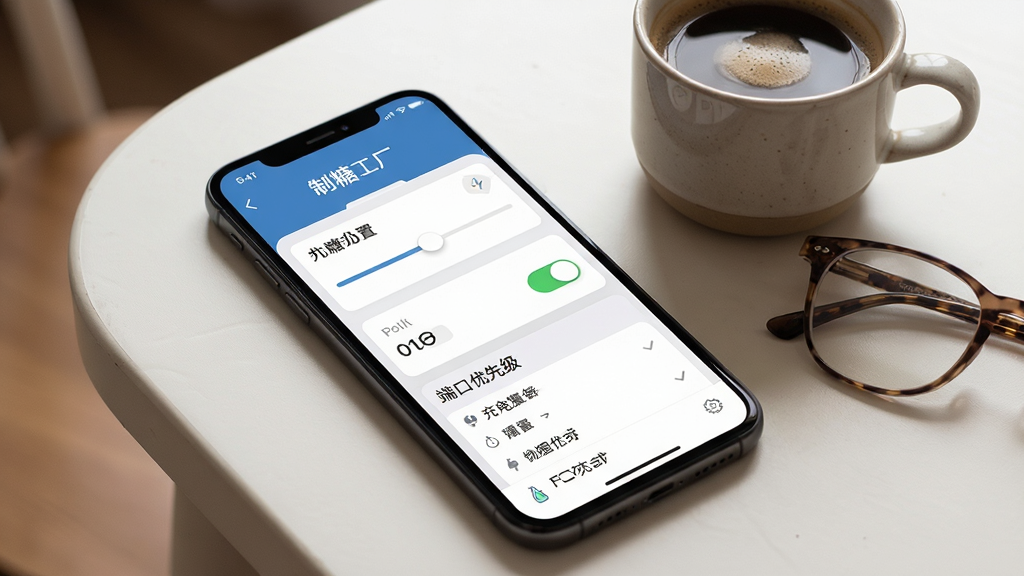 手机屏幕展示“制糖工厂”App的充电策略设置页面,页面中有滑动条调节功率、开关按钮和端口优先级列表。手机旁边放着一杯咖啡和一副眼镜,营造生活化场景。布局为手机斜放,屏幕内容清晰可见。排版突出设置选项的层次。风格为现代生活数码风,细节强调屏幕UI的易读性和桌面温馨感。画质高清,画面干净,无多余元素。