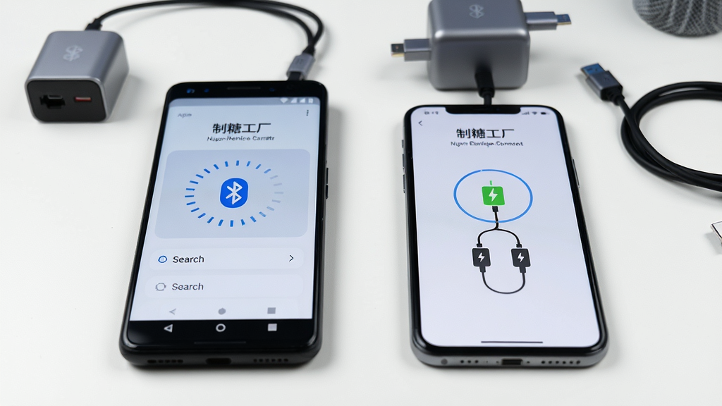 一部安卓手机和一部iPhone并排放在桌面上,两部手机屏幕都显示“制糖工厂”App的设备连接界面,界面中有蓝牙搜索动画和充电器图标。手机后方隐约可见氮化镓充电器和数据线。布局为左右对称构图,手机屏幕为视觉焦点。排版简洁,突出双平台适配。风格为数码对比展示风,细节强调屏幕亮度和桌面整洁。画质清晰,画面干净,无多余元素。