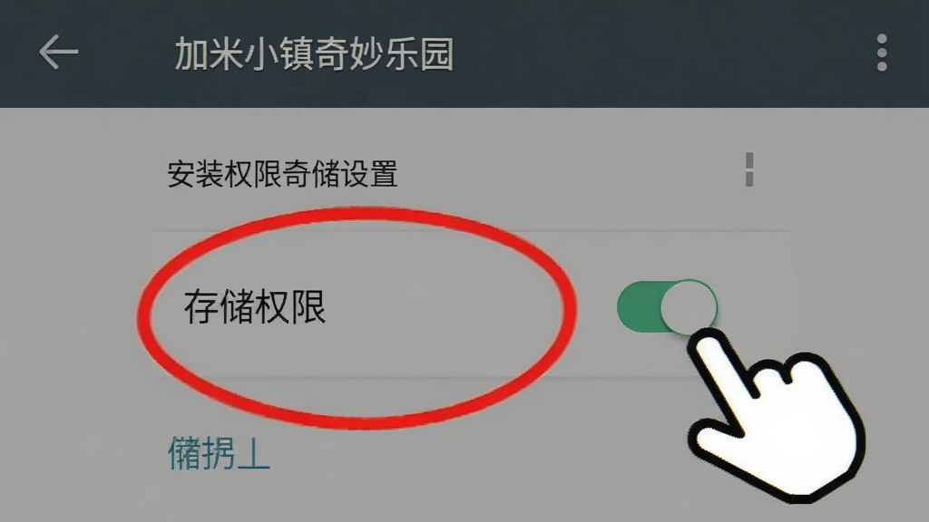 一张手机屏幕截图风格的示意图,画面中展示加米小镇奇妙乐园的安装权限设置界面,用红色圆圈标注“存储权限”开关,旁边有手指点击的图标,背景为安卓系统设置页面风格,画面清晰简洁,无多余装饰元素