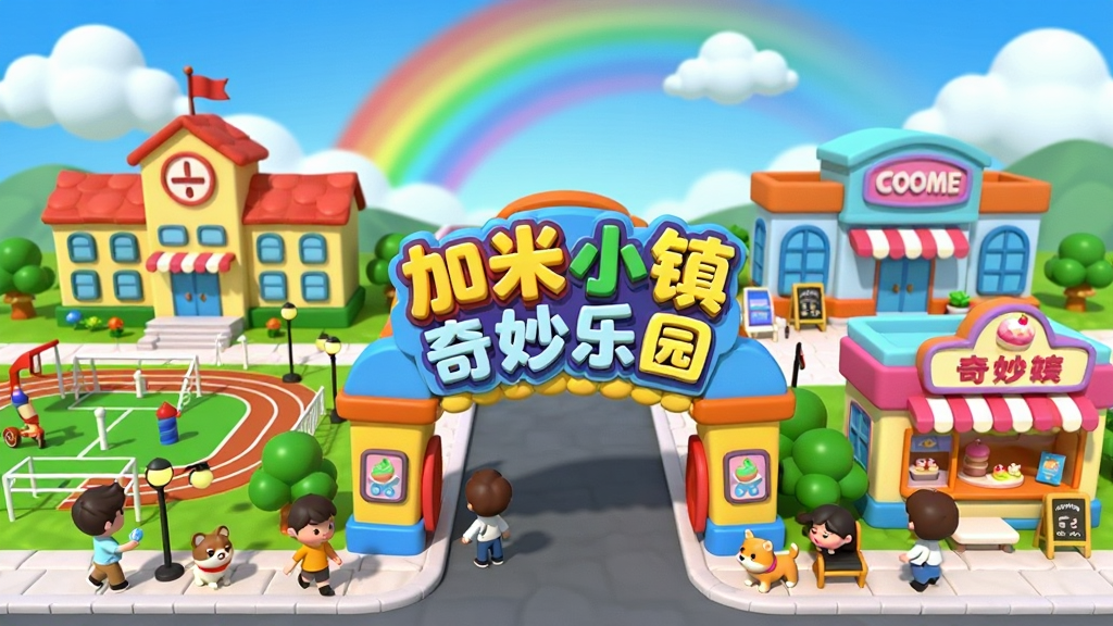 一张明亮的卡通风格虚拟小镇全景图,画面中央是带有“加米小镇奇妙乐园”立体招牌的彩色拱门入口,左侧是学校建筑与操场,右侧是商场与甜品店,前景有可互动的小人角色与宠物,背景是蓝天白云和彩虹,整体采用高饱和度的3D卡通渲染风格,细节丰富,画质干净清晰,无多余杂乱元素