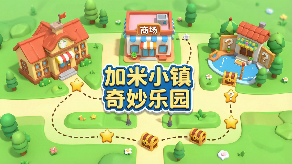一幅3D卡通虚拟小镇地图俯瞰图,画面中标注出学校、商场、度假村三个主要区域,用虚线路径连接,地图上散布着可点击的星星图标与问号宝箱,画面中央有“加米小镇奇妙乐园”文字标签,风格清新明亮,画质干净,无多余元素