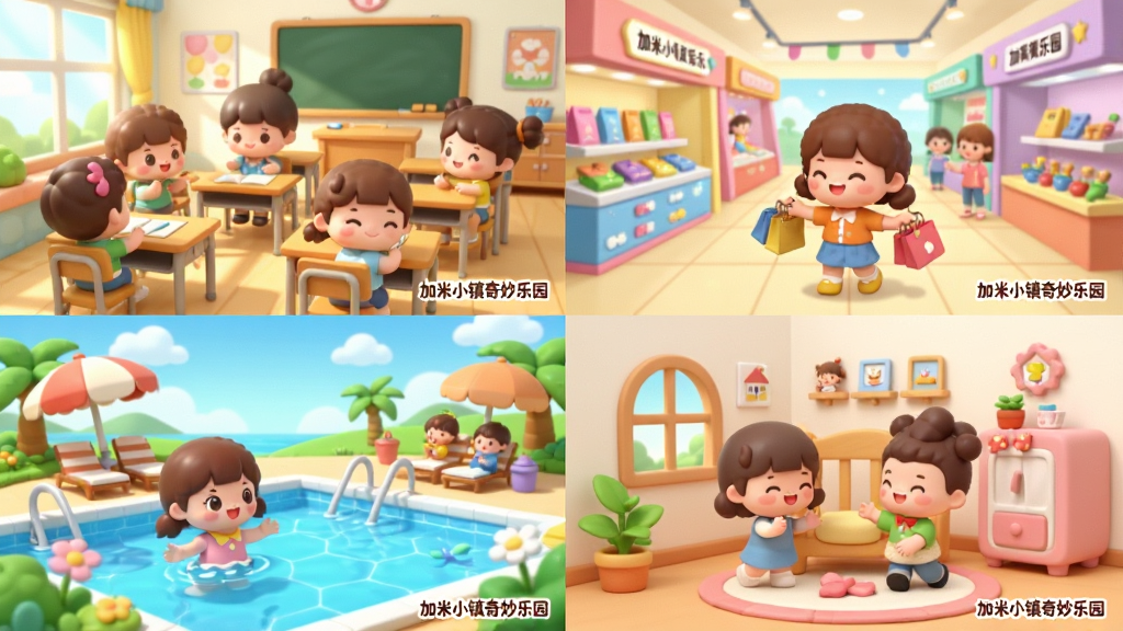 一组四宫格卡通场景展示图,左上为教室上课场景,右上为商场购物场景,左下为度假村泳池场景,右下为家园装扮场景,每个场景中都有可爱的角色在互动,画面角落标注“加米小镇奇妙乐园”字样,整体采用柔和明亮的色彩,画质细腻,无杂乱元素