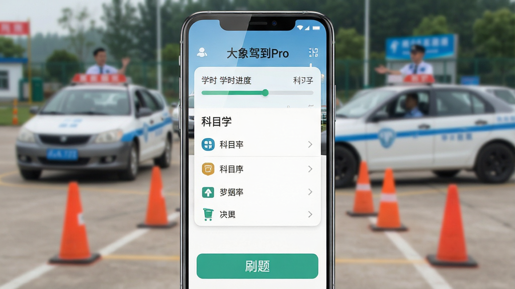 一张展示安卓手机屏幕的图片,屏幕中央显示“大象驾到Pro”应用主界面,界面包含学时进度条、科目列表和刷题入口,背景是驾校训练场,有教练车和锥形桶,整体布局简洁清晰,风格为现代扁平化设计,细节包括手机边框反光和界面图标,画质高清,干净,无多余元素