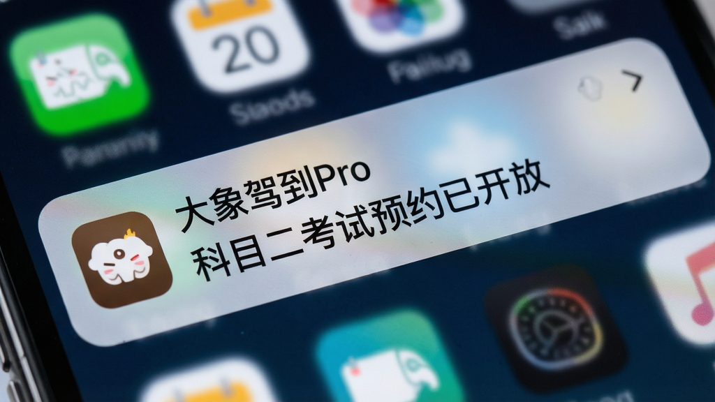 一张手机通知栏特写图,通知栏中显示“大象驾到Pro”推送的驾考资讯提醒,内容为“科目二考试预约已开放”,背景是手机桌面,风格为写实风格,细节包括通知图标和文字排版,画质高清,干净,无多余元素