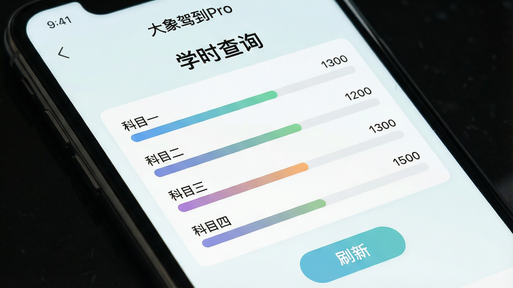 一张手机应用界面特写图,画面主体是“大象驾到Pro”的学时查询页面,页面顶部显示“学时查询”四个字,中间有科目一、科目二、科目三、科目四的学时进度条,底部有刷新按钮,布局为上下结构,风格为清新浅色系,细节包含进度条渐变填充和数据数字,画质高清,干净,无多余元素