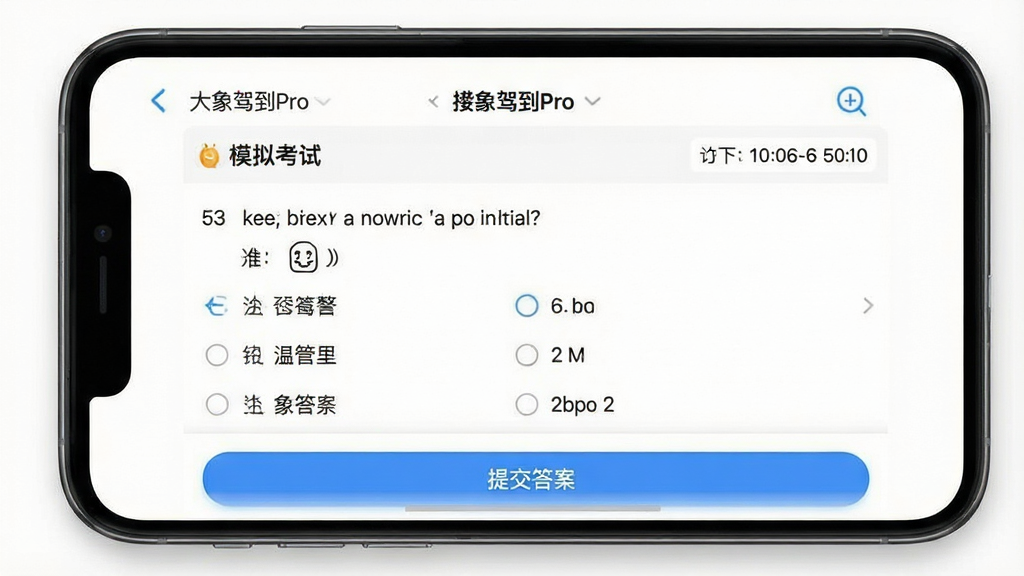 一张手机屏幕截图,展示“大象驾到Pro”的刷题界面,屏幕上方显示“模拟考试”标题,中间是一道选择题和四个选项,下方有“提交答案”按钮,背景为白色,风格为极简学习工具风格,细节包括题目编号和计时器,画质高清,干净,无多余元素