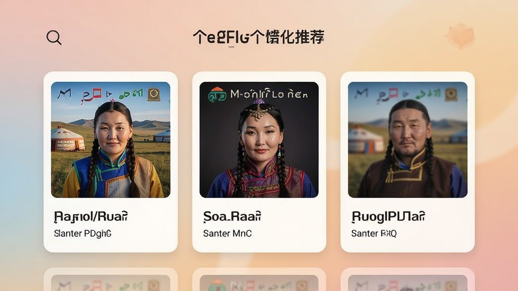 egshig个性化推荐页面,展示根据用户喜好推荐的蒙古语歌曲卡片,包含专辑封面、歌曲名称和歌手信息,背景为柔和的渐变色彩,风格温馨舒适,画质细腻