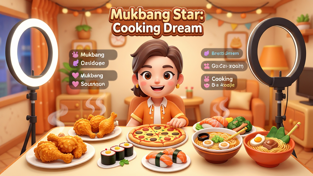 一款以美食吃播为主题的手机游戏主界面截图,画面中央展示一位卡通风格的主播坐在摆满各式美食的餐桌前,面前有炸鸡、披萨、寿司、拉面等食物,背景是温馨的直播间布置,带有环形补光灯和粉丝弹幕飘过,整体风格明亮活泼,色彩以暖橙色和奶油色为主,画面中带有游戏标题文字